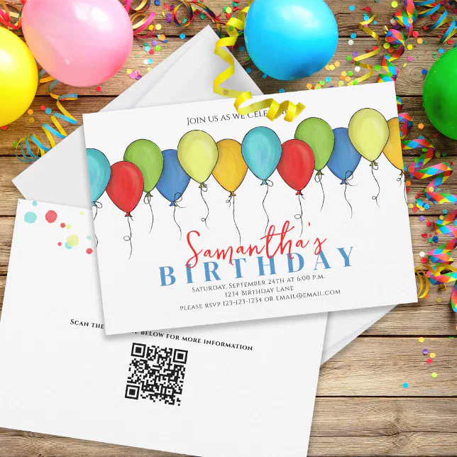 Birthday Balloons Confetti Modern Party QR Code Invitation | Zazzle