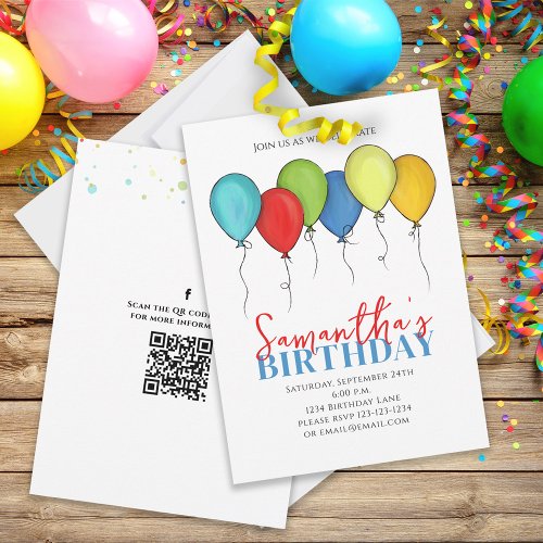 Birthday Balloons Confetti QR Code Social Media Invitation