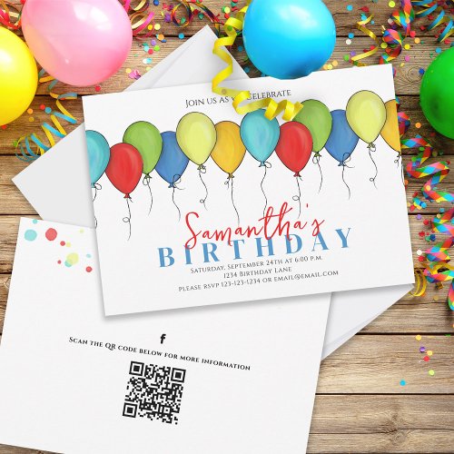 Birthday Balloons Confetti QR Code Social Media Invitation