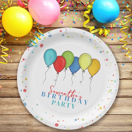 Birthday Balloons Confetti Whimsical Calligraphy Paper Plates
