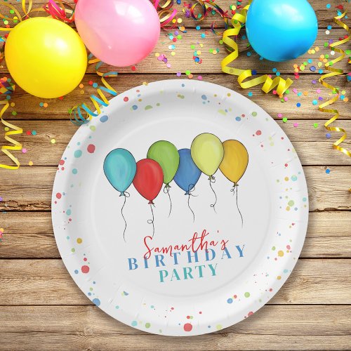 Birthday Balloons Confetti Whimsical Calligraphy Paper Plates