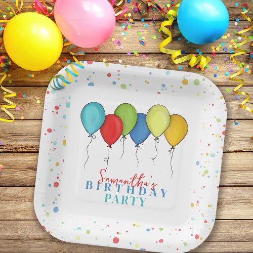 Birthday Balloons Confetti Whimsical Calligraphy Paper Plates