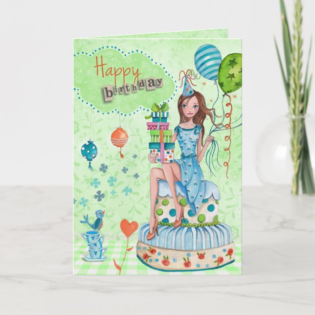 Birthday Balloons Girl Cake | Birthday Card (Front)