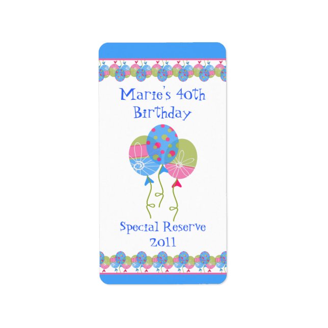 Birthday Balloons Home Made Wine Labels (Front)