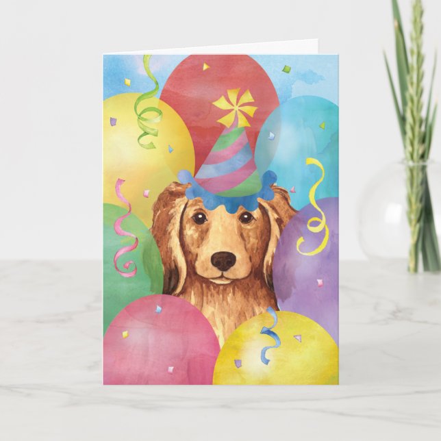 Birthday Balloons Longhaired Dachshund Card (Front)