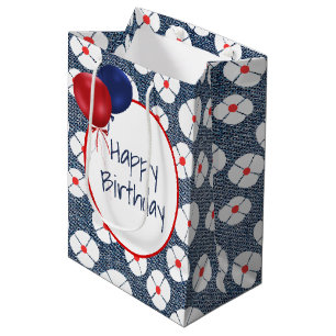 Birthday Balloons on Floral Denim Medium Gift Bag