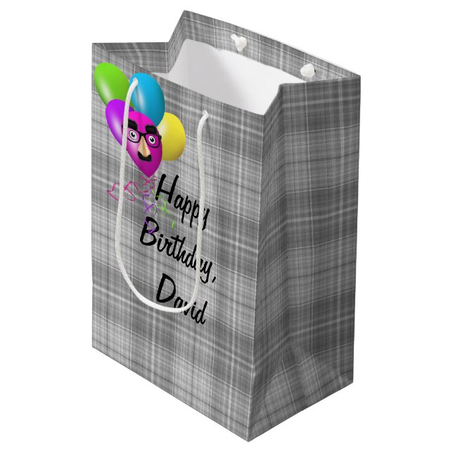 Birthday Balloons On Gray Plaid Medium Gift Bag (Front Angled)