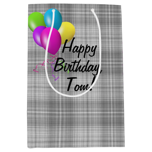 birthday balloons on gray plaid medium gift bag (Front)