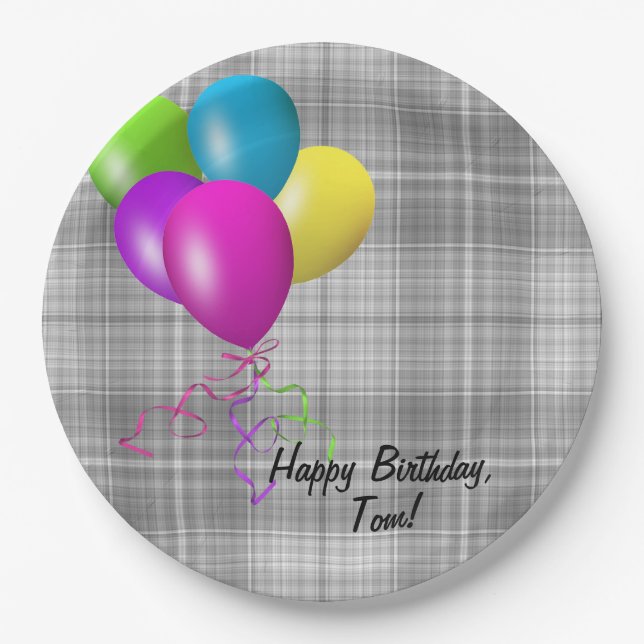 birthday balloons on gray plaid paper plates (Front)