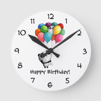 Birthday Balloons Panda Bear Round Clock