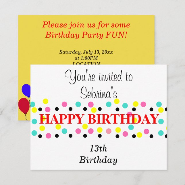 Birthday Balloons Polka Dots Invitation (Front/Back)