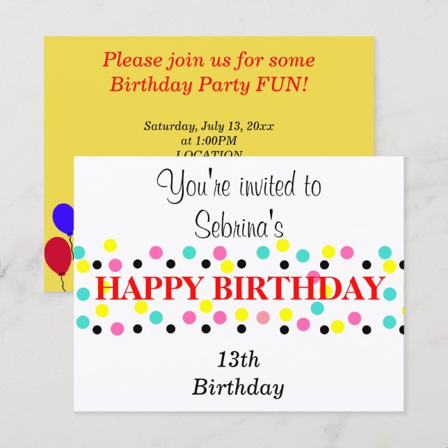 Birthday Balloons Polka Dots Invitation (Front/Back)