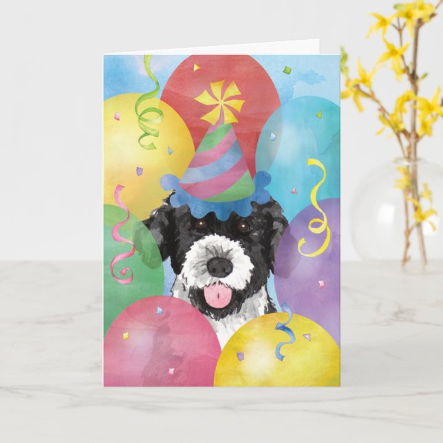 Birthday Balloons Portuguese Water Dog Card (Yellow Flower)