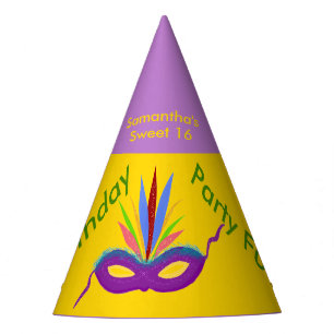 Birthday Balloons Purple Mardi Gras Mask NAME Party Hat