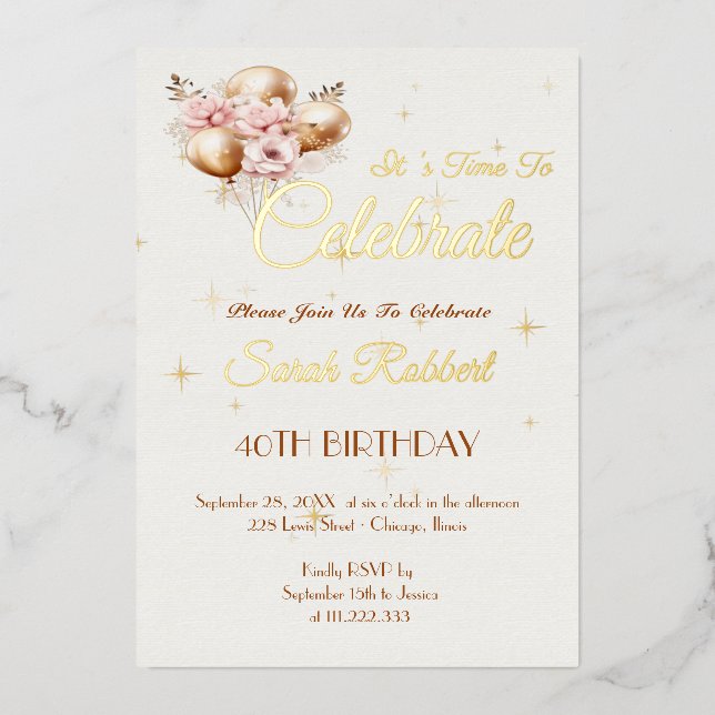  Birthday  Balloons Real Gold  Foil Invitation (Front)