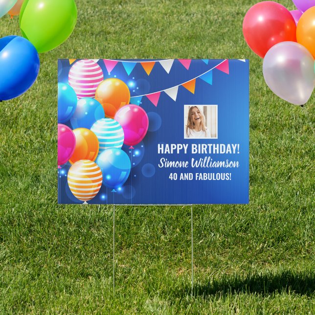 Birthday Balloons Streamers Custom Photo Text Yard Sign (Creator Uploaded)