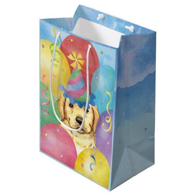 Birthday Balloons Yellow Lab Medium Gift Bag (Front Angled)