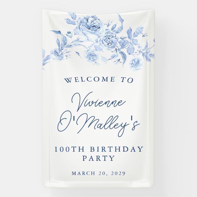 Birthday Banner 100th Birthday Party Blue Floral (Vertical)