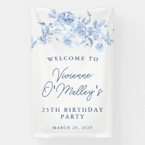 Birthday Banner 25th Birthday Party Blue Floral
