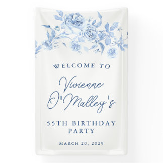 Birthday Banner 55th Birthday Party Blue Floral