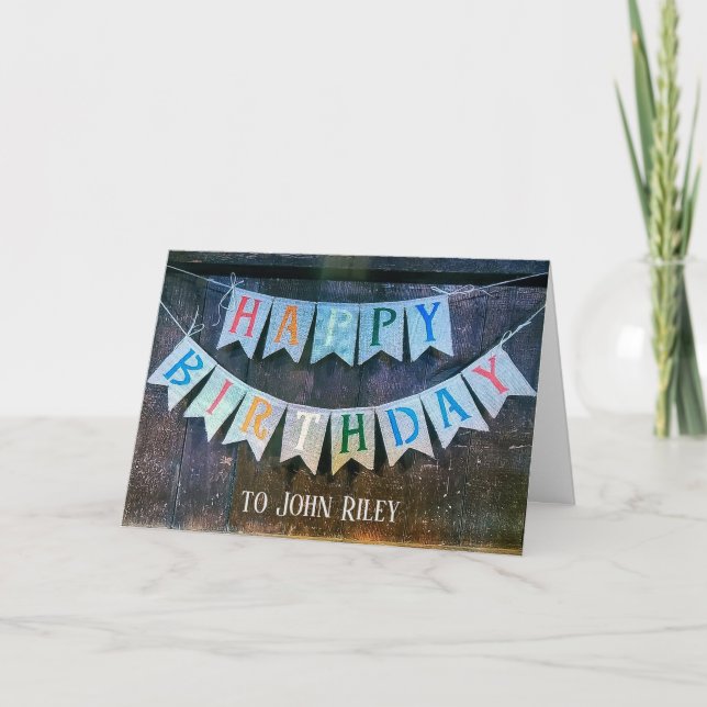 Birthday Banner on rustic wood Card (Front)