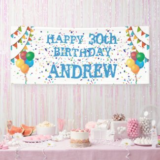 Birthday Banner with Blue Text and Confetti