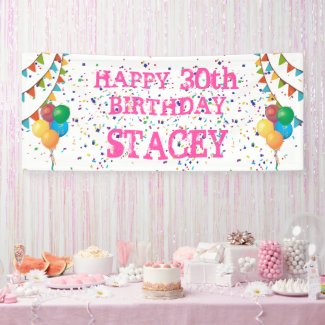 Birthday Banner with Bright Pink Text and Confetti