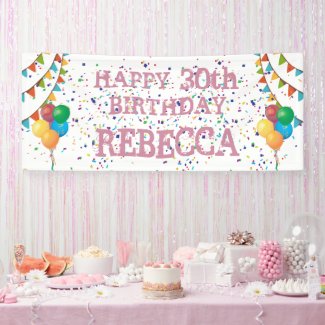 Birthday Banner with Pink Text and Confetti