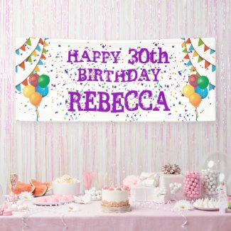 Birthday Banner with Purple Text and Confetti