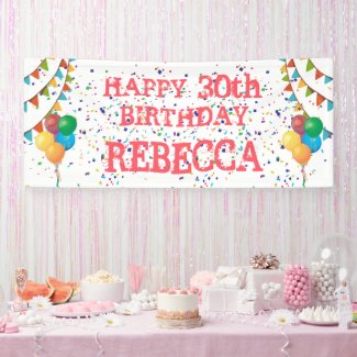 Birthday Banner with Red Text and Confetti