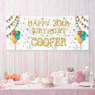 Birthday Banner Yellow Gold Text and Confetti
