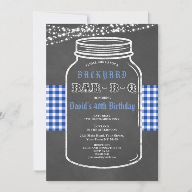 Birthday BARBEQUE Mason Jar Gingham Invitation (Front)