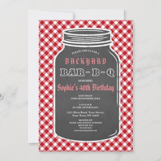 Birthday BARBEQUE Mason Jar Gingham Invitation (Front)