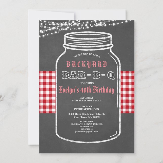 Birthday BARBEQUE Mason Jar Red Gingham Invitation (Front)