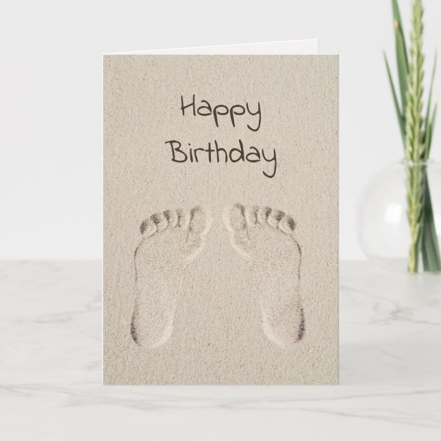 Birthday Barefoot Prints in Beach Sand  Card (Front)