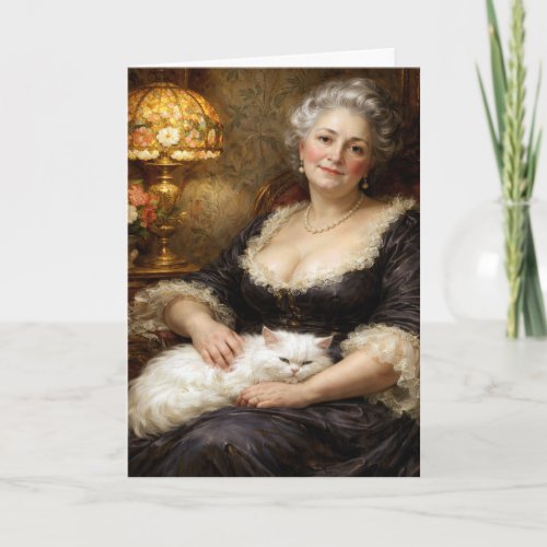 Birthday Baroque Woman Posing with White Cat Card