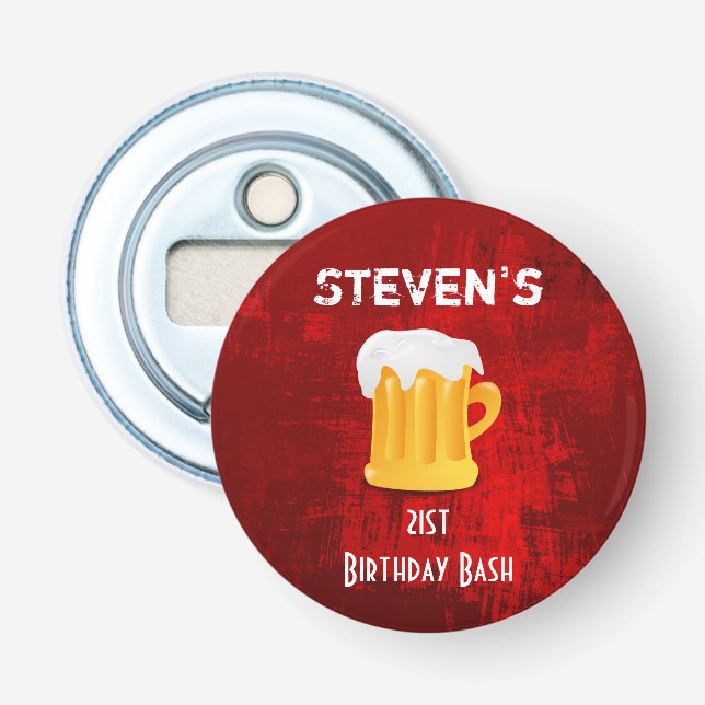 Birthday Bash Beer Mug on Grunge Red Abstrac Bottle Opener (Front)