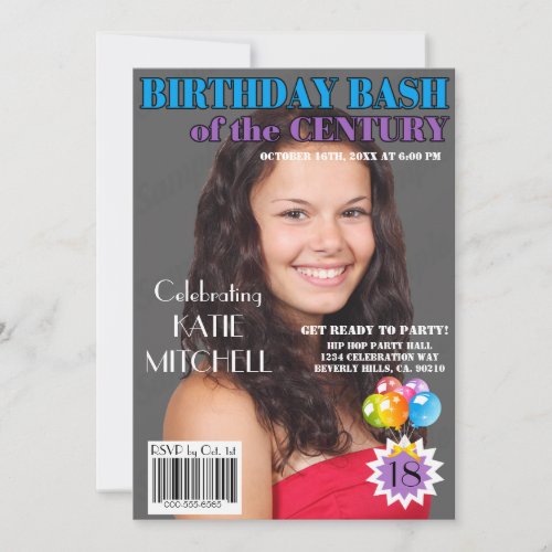 Birthday Bash Blue Purple Magazine Cover Any Age Invitation