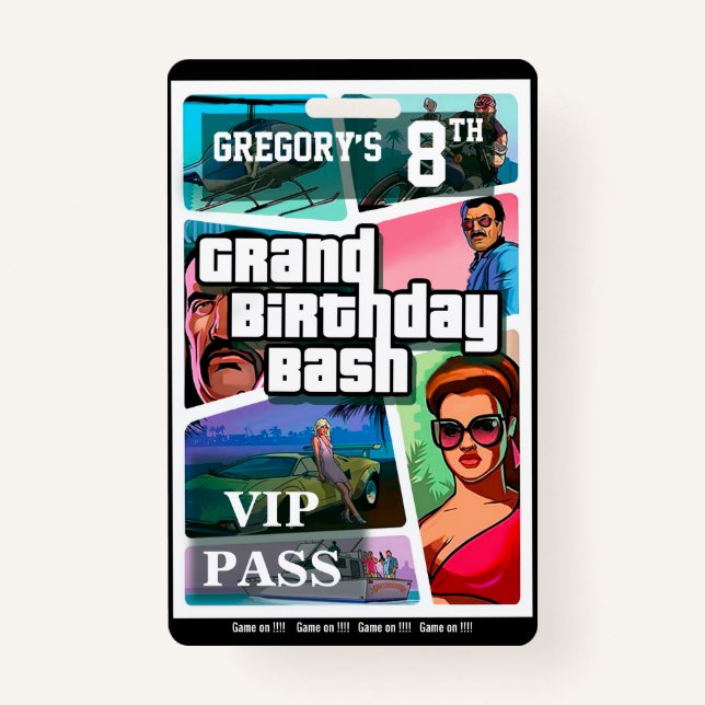 Birthday Bash -customizable  invitation badge (Front)