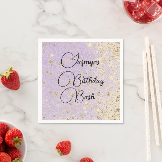 Birthday Bash Glittery Gold Stars on Lavender     Napkins (Insitu)