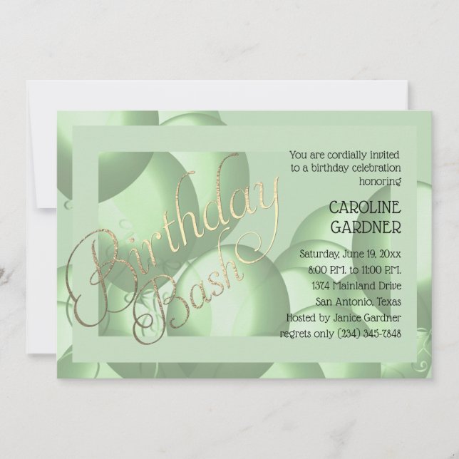 Birthday Bash Green Balloons Any Color Background Invitation (Front)