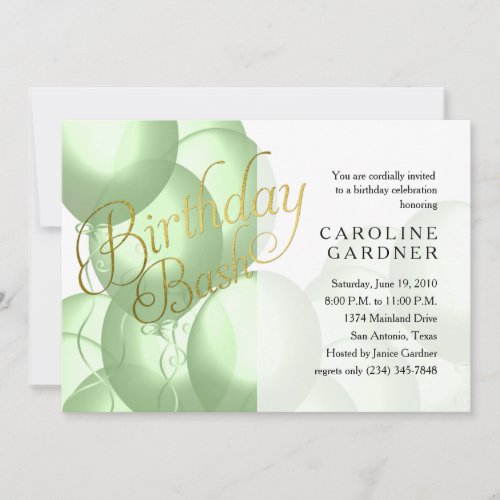 Birthday Bash Green Balloons Any Color Background Invitation