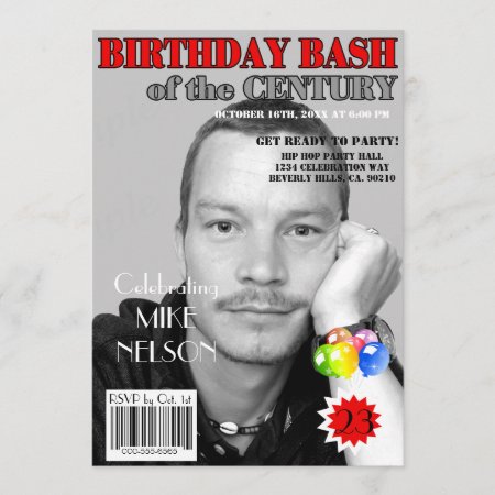 Birthday Bash Red Gray Magazine Cover Any Age Invitation
