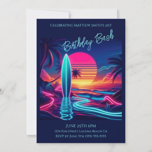 Birthday Bash_Sunset Surfboard Neon Lights_ Invitation