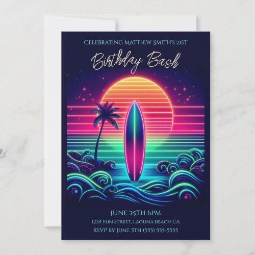 Birthday Bash_ Surfing the Neon Sunset Invitation