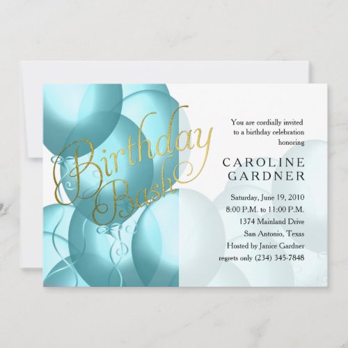 Birthday Bash Turquoise Balloons Any Color Back Invitation