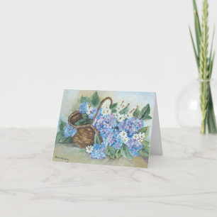 Birthday basket with blue hydrangeas letterpress thank you card
