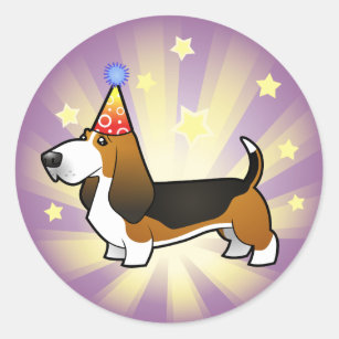 happy birthday bassett dogs bouncing on red and blue ball