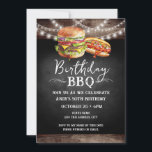 Birthday BBQ 50th Birthday Invitation<br><div class="desc">Birthday BBQ Invitations. Easy to personalize. All text is adjustable and easy to change for your own party needs. String lights rustic background elements. Fun Chalkboard swirls and flourishes. Watercolor hamburger and hotdog graphics. Invitations for him. Bar or backyard BBQ birthday design. Any age,  just change the text.</div>