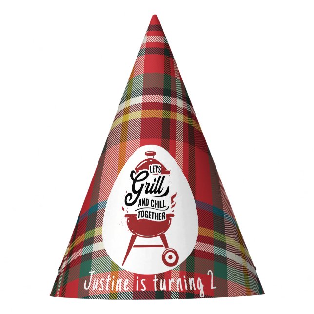 Birthday BBQ Plaid Rustic Fun Grill and Chill Party Hat (Front)